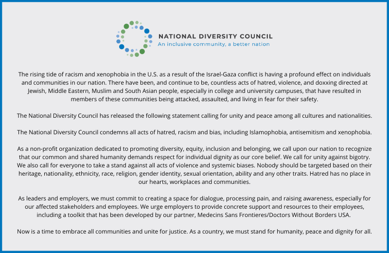 National Diversity Council issues a statement in response to the rising hatred in the U.S.